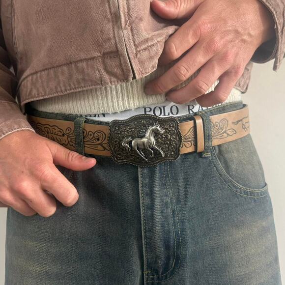 Vintage Tan Brown Western Belt – Horse Buckle, Adjustable 26–34, Unisex, New - Picture 6 of 7